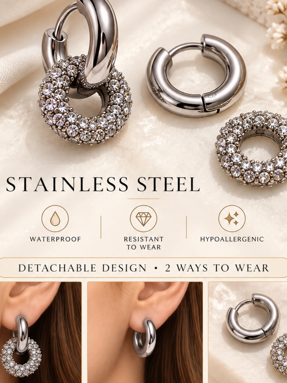 Stainless Steel Crystal Hoop Earrings - Silver